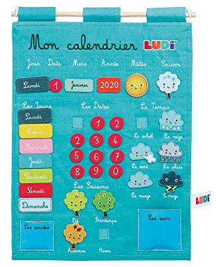 LUDI – Calendrier éducatif bleu en tissu brodé – 45 étiquettes amovibles à scratch – Apprendre jours mois saisons et météo – Dès 3 ans – 40 x 53 cm