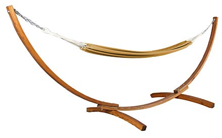 vanvilla Hängematte mit Gestell aus Lärche BAROS 360cm x 120cm, braune Hängematte, verzinkte Stahlteile, Holz Teakfarben, Hängemattengestell Holz