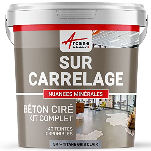 Béton ciré sur carrelage, cuisine, salle de bain, mural, sol, plan de travail, revêtement décoratif douche en kit - 5 m² (en 2 couches) Titane Gris Clair - ARCANE INDUSTRIES