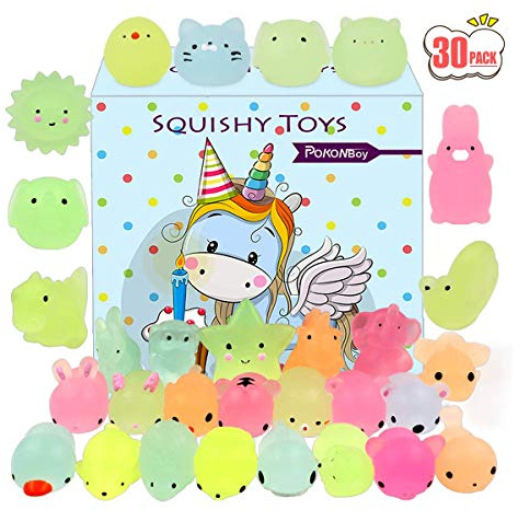 POKONBOY Mochi Squishy Toys Glow in The Dark for Party Favors - 30 Pack Mini Kawaii Cute Animal Squishies Stress Relief Squishy Animals Mochi Cat Squishy with Gift Box
