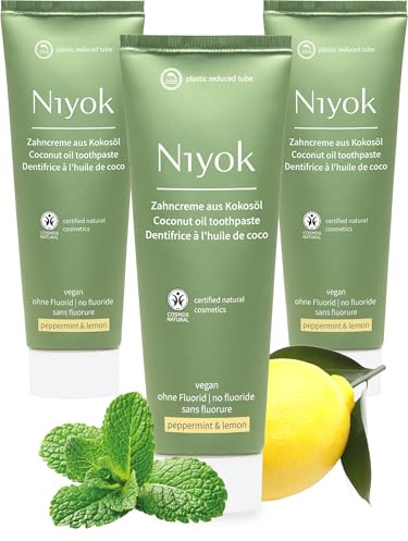 Niyok Zahncreme aus Bio Kokosöl Pfefferminze & Zitrone (3 x 75ml), Natürliche Zahnpasta für weiße Zähne, Intensive Pflege & Frische, Schützt das Zahnfleisch, Ohne Fluorid & Vegan