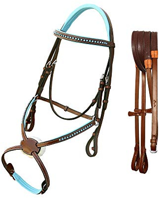 Exion Soft Lined with Blue Bling Figure 8 Bridle and Rubber Reins for Horses | English Figure 8 Blue Bridle