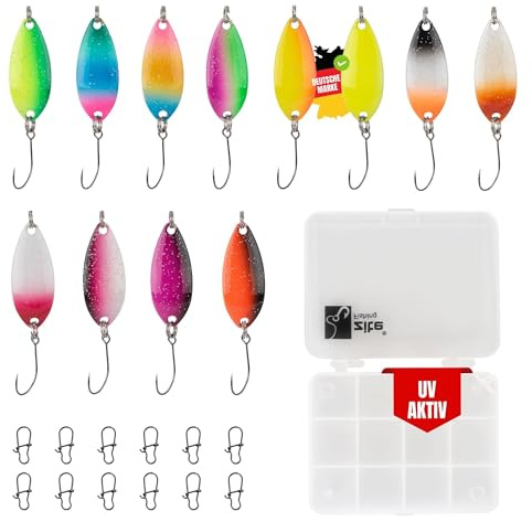 Zite Fishing Forellen-Spoon Angel-Köder Set - 12 Trout-Spoon Forellen-Blinker Farbige Rückseite 2,5g + Snaps + Box