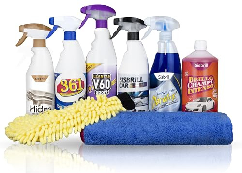 Sisbrill Kit Detail Intermedio – Kit Limpieza Coche Completo con Champú, Limpiallantas, Limpiador Interior, Limpiacristales, Guante de Lavado y Toalla de Secado