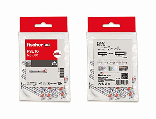 fischer - Tacos anclaje metálico de expansión, tacos hormigón, pared, Bolsa 16 uds FSL M8x80
