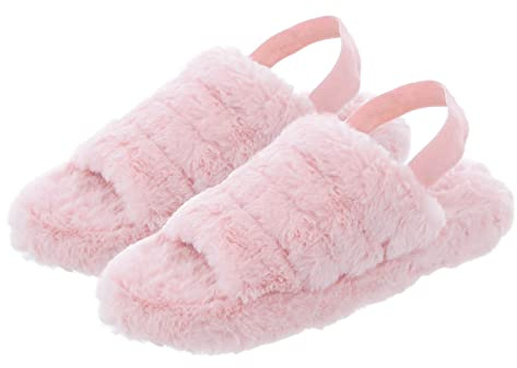 Autumn Faith Ladies Mule Slippers Womens Sliders Faux Fur Elastic Heel Strap Hard Sole Pink 5 UK