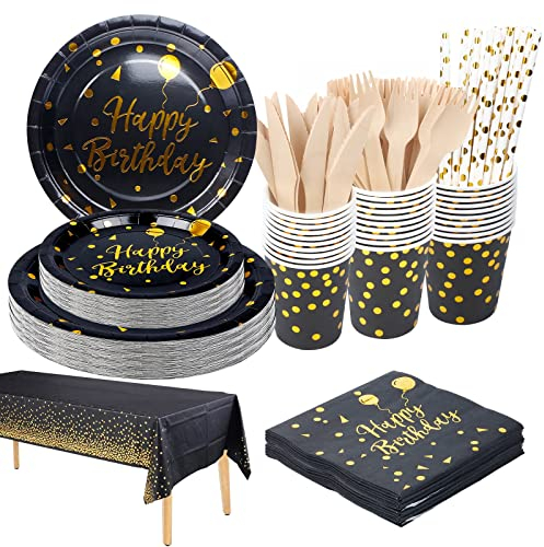 YIMAKJ Partygeschirr Set, Geburtstag Party Geschirr, Pappteller Kindergeburtstag Set für Partys, Geburtstags, Hochzeitsfest, Jubiläen, Abschlussfeier, Schwarz und Gold Partyteller 20 Gäste