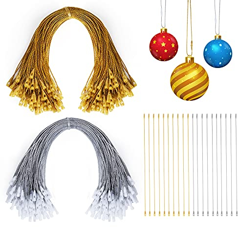 ilauke 200 Stück Weihnachtsschmuck Aufhänger Snap Locking String, Fäden für Weihnachtsschmuck vorgeschnittene Hängeseile für Christbaumschmuck Dekorationen mit Druckknopf, 20cm (Gold & Silber)