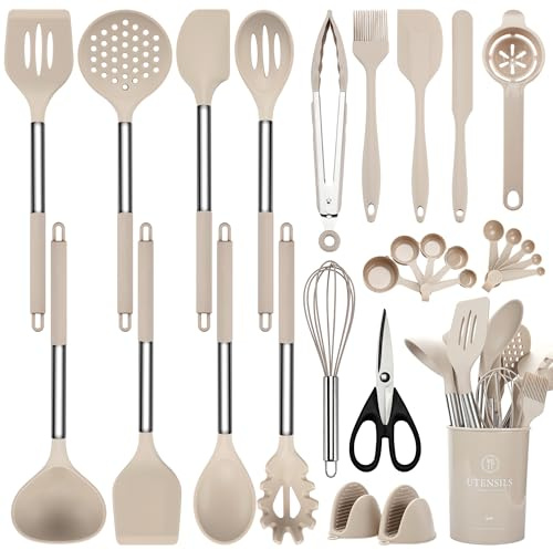 NCUE Silicone Cooking Utensils Set, 28 Pcs Kitchen Utensils Set 446°F Heat Resistant Spatula Set, Food Grade Silicone and Stainless Steel Handle Kitchen Gadgets for Nonstick Cookware BPA Free