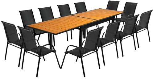 IDMarket - Gartenmöbel Poly ausziehbar Tisch 135/270 cm und 12 Stühle Holz und schwarz