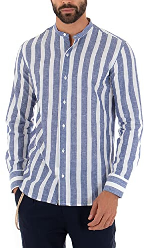 Giosal Camicia Uomo Rigata Collo Coreano Lino Righe Bicolore Casual Regular Fit Bottoni (L, Blu)