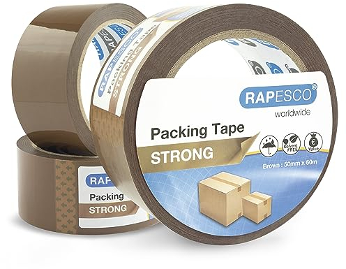Rapesco 1750 Rouleaux de Ruban Adhésif d’Emballage Résistant, 50mm x 60m, Marron, Lot de 3