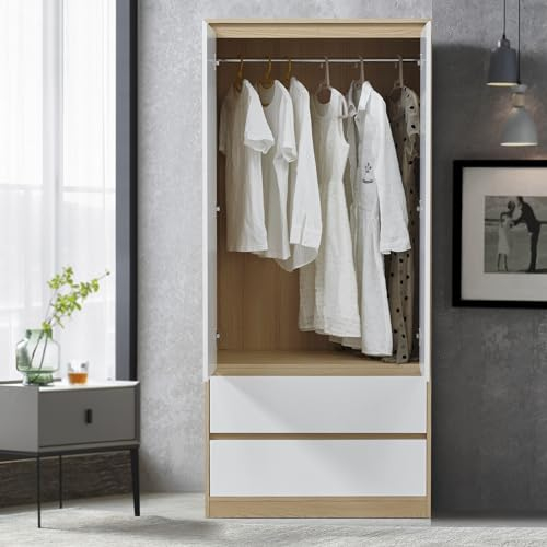[en.casa] Kleiderschrank Bastheim Schrank mit 2 Türen Garderobenschrank 176 x 80 x 52 cm Schlafzimmerschrank mit 1 Kleiderstange und 2 Schubladen Eicheoptik/Weiß