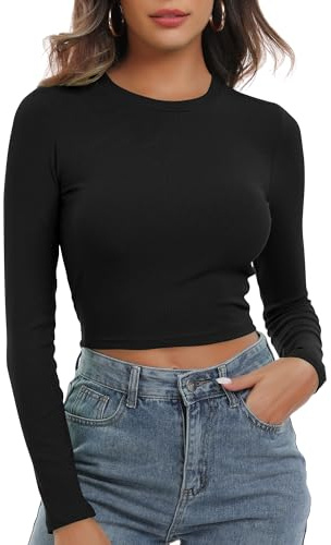 Artfish Women's Round Neck Long Sleeve Knit Ribbed Fitted Crop Top Casual Basic Shirts Black, S