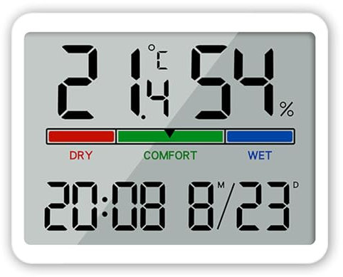ALLOMN Termometro igrometro interno, misuratore di umidità digitale, misuratore di temperatura accurato, grande display LCD, misuratore di umidità con orologio per serra casa (bianco)