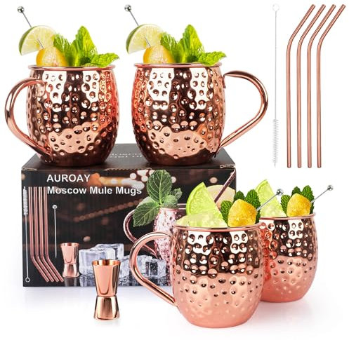 AUROAY Moscow Mule Kupferbecher Set mit 4 Stück, 18.6 Unzen Kupferbecher mit 4 Strohhalmen, Shotglas & Strohbürste, Sein & Ihr Geschenk für Zuhause, Bar, Party