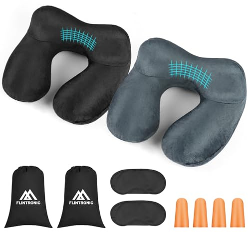 flintronic Cuscino da Viaggio Gonfiabile, Cuscino Aereo Ultraleggero e Compatto, Morbido Velluto, Federa lavabile, Cuscino per il Collo Ergonomico, Perfetto per Aereo Auto Ufficio(Grigio&Nero)