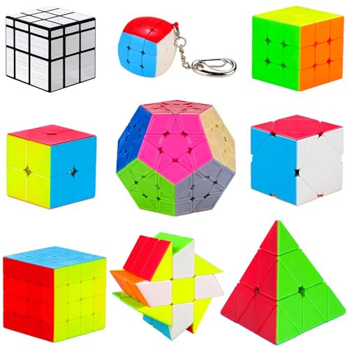 Coolzon Zauberwürfel Speed Magic Cube Set, Puzzle Cube Set 2x2 3x3 4x4 Pyraminx Megaminx Mirror Skewb Fisher Zauberwürfel Klein mit magisches Puzzle Würfelspielzeug für Kinder Erwachsene, 9 Stück