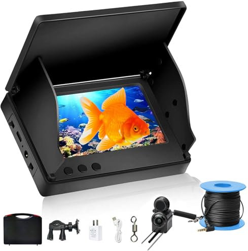 Fischfinder, Unterwasserkamera Angeln mit 5 Zoll IPS Display, 220° Weitwinkel Nachtsicht, IP67 Wasserdicht Fishfinder für Meeresangeln, Flussangeln und Eisfischen