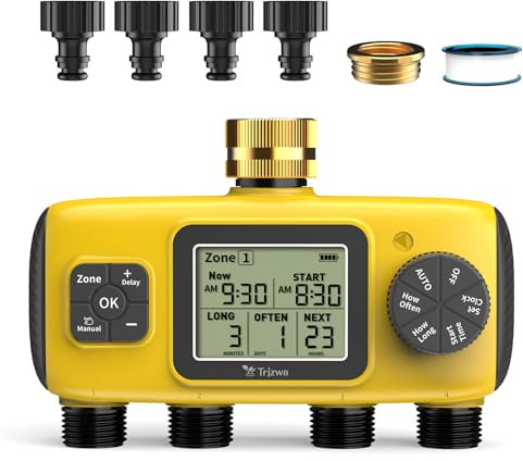 TRJZWA Bewässerungscomputer mit 4 Unabhängigen Ausgängen, Einfache Bedienung mit Großem LED-Bildschirm, Automatische Bewässerung mit Regenverzögerung/Automatische/Manuelle Bewässerungsuhr Garten