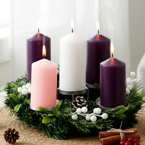 Knitgrip 7 Pcs Christmas Advent Wreath Set with 3x6'' Pillar Candles Rustic Advent Wreath Candleholder and Pillar Candles Unscented Christmas Centerpiece Table Decor for Holiday Church Home (Silver)