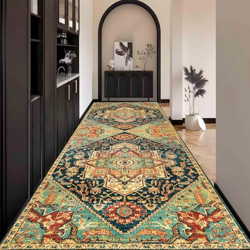 Waazgle Boho Teppich Läufer Flur Bunt, Teppichläufer küchenläufer Lang Waschbar rutschfest 80x350cm küchen läufer Flurläufer Fußmatte Wohnzimmerteppich Dauerhaft für Esszimmer Korridor Meterware