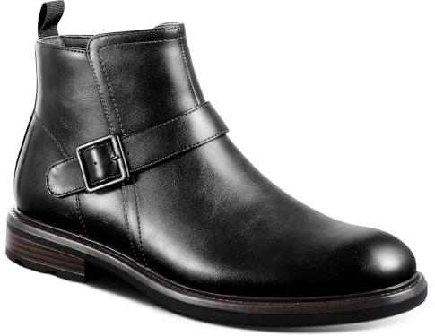 FUNROMAN Men's Motorcycle Style Ankle Boots, Black Faux Leather Dress Boots with Side Zipper and Buckle Strap M01 Black 8.5