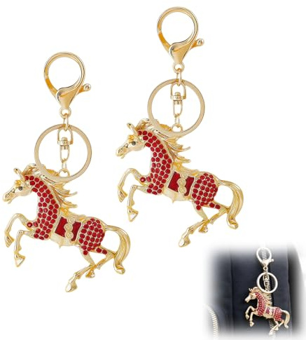 2PCS Chinese Horse Key chain, Lunar New Year of The Horses Chinese Zodiac Keyring Gift, 2026 Happy New Years Mascot Keychain Decor, Beads of Crystal Horse Keyrings Decorations Year of The Horse Gifts