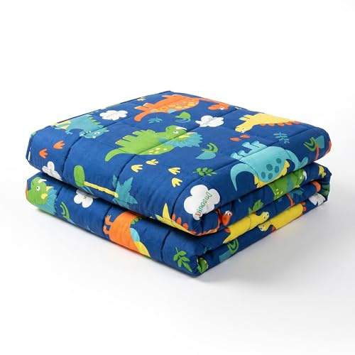 Vonia Manta con Peso para Niños - Manta con Peso para Niños 100% Algodón | 3,2 Kg (104 X 152 Cm) Mantas Sensoriales con Estampado De Dinosaurios para Dormir - Gris/Azul