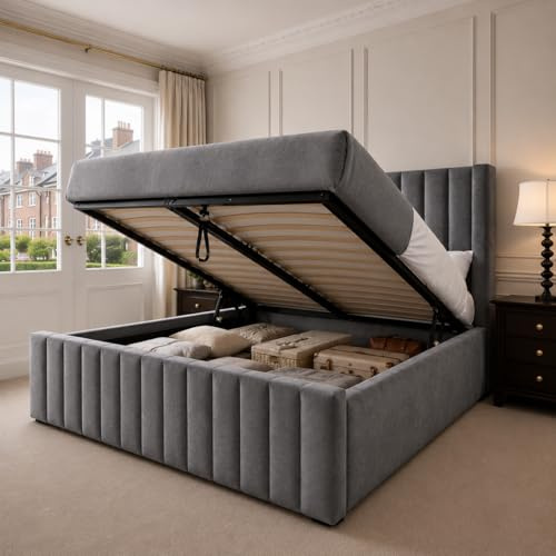 J&S BEDS Super King Bed Frame with Storage, Luxury Majestic Velvet Upholstered Panel Bed with Headboard, 6FT Superking Ottoman Bed Frame with Gas Lift Storage in Grey Plush