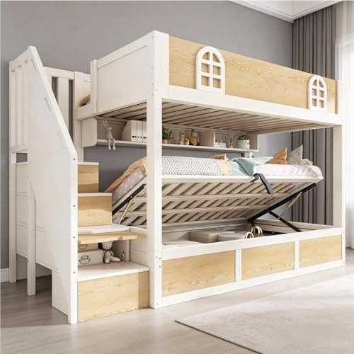 Su & Chan Legence Bunk Bed with Storage Stairs, Kids Bed with Hydraulic Storage, Shelves and Wooden Slats, No Mattress, 90 x 190cm, White and Natural