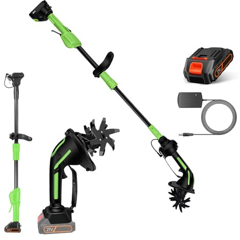 Motocuitor Eléctrico Inalámbrico, Mini Motocultor Portátil con Batería de 21V - Acero al Manganeso - Ancho y Profundidad de 10 cm - para Jardín, Huerto, Deshierbe (1 Batería)