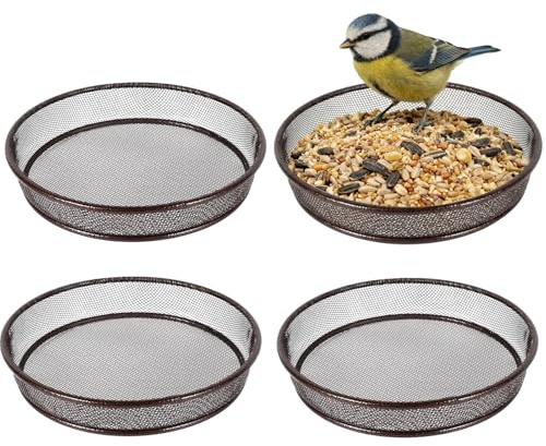 4 Pcs Bird Feeding Dish Set, Metal Mesh Parrot Food Bowls Iron Wild Birds Seed Feeder Tray, Wildlife Floor Feeding Tray Station for Birds, Outdoor (Brown)