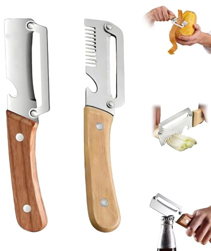 Pelapatate Multifunzione, Pelapatate Professionale, Taglia Verdure e Sbuccia Mela, Manico in Legno Morbido Antiscivolo, Utensili Cucina per Patate Carote e Frutta (1 grattugia + 1 pelapatate)