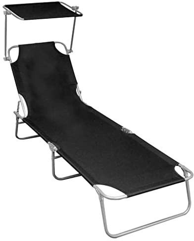 Tmriohed Tumbona plegable con toldo negro, aluminio para jardín, ajustable, tumbona plegable para terraza, piscina y playa, ligera tumbona de tres patas soporta hasta 110 kg, 188,5 x 57,5 x 27 cm