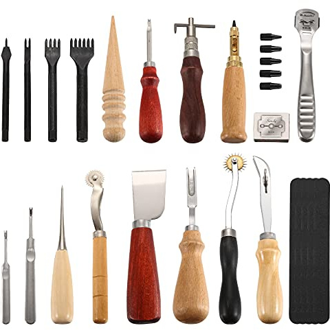 Kit di strumenti artigianali in pelle 18 pezzi, strumento fai-da-te in pelle per cucire a mano, set per timbrare e fare sella, cucire intaglio lavorando