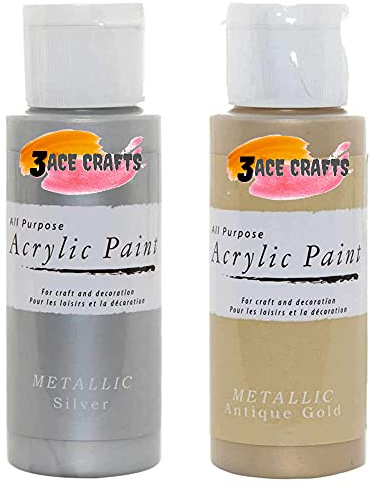 3Ace Crafts (Pack of 2) Metallic Silver & Metallic Antique Gold - Acrylic Paint 59ml -Kids, Garden Furniture Ornaments, Outdoor Paint, Air Drying, Modelling Clay, Plastic, Board & Paper