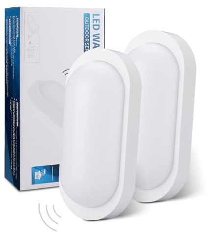 Oraymin 2 Stücke LED Wandleuchte Kellerlampe mit Bewegungsmelder Innen, 12W IP65 LED Wandlampe 1080LM, Feuchtraumleuchte Oval für Diele Garage Flur Balkon Treppe Carport Keller, 4000K, Weiß