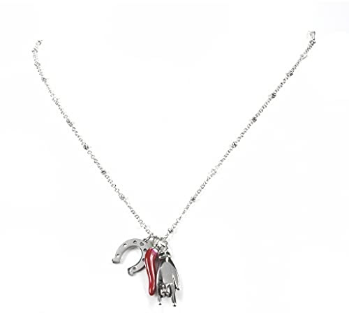 Flowers Collana in Acciaio color Oro, Rosa o Argento Portafortuna con 3 Ciondoli Corno Rosso Ferro di Cavallo e Mano Corna catenina Elegante con anelli e piccole sfere (Argentato)