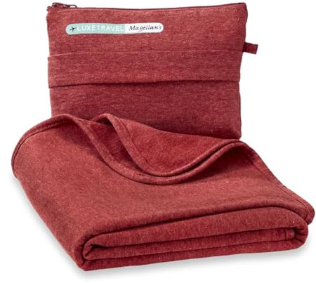 Manta de viaje portátil y ligera con bolsa para avión, taxis, conciertos o picnics; correa trasera para fijar al equipaje (rojo)