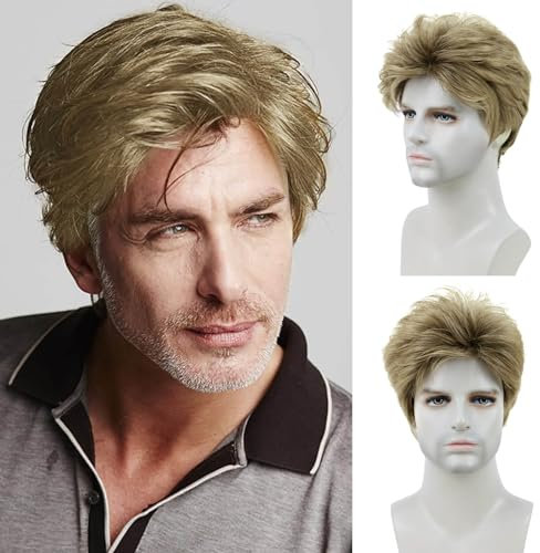 QUEENTAS Peluca corta Rubio Oscuro para hombre, peluca de pelo sintético con rizos naturales, peluca diaria para hombre