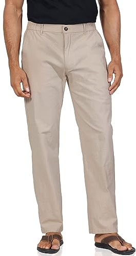 Soojun Men's Linen Blend Relaxed Fit Straight Leg Elastic Waist Pants Khaki