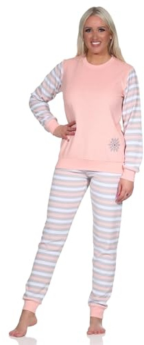 Normann Geringelter Damen Frottee Schlafanzug Langarm Pyjama mit Eiskristall, Farbe:rosa, Größe:40-42