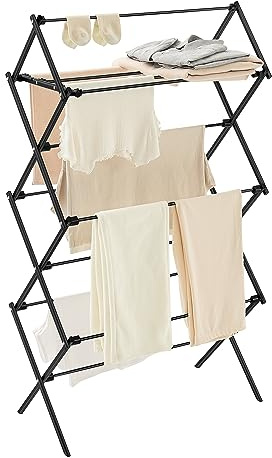 SONGMICS Foldable Clothes Drying Rack, Laundry Drying Rack, Clothes Airer, Steel Frame, 14.6 x 29.5 x 53.2 Inches, Easy Assembly, Indoor Outdoor Use, Black ULLR770B01