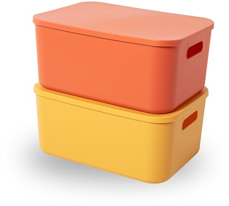 HapiLeap Scatole portaoggetti con coperchio, impilabili, in plastica, per mensole, cucina, bagno, sala giochi, aule, ufficio, asilo nido, 36 x 26 x 16 cm (M, giallo e arancione)