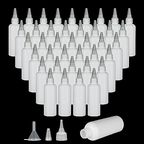 APACALI 50 PCS 100ml Squeeze Bottle, Squeezy Bottles with Nozzles, Plastic Squeeze Bottle, Condiment Bottle, Plastic Sauce Bottles with 2 Funnels for Sauce Lotion, Oil and Condiments