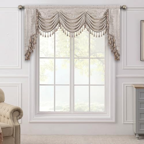 TOPLUXE Mantovana a Cascata per Finestre, Mantovana Floreale con Nappe, Tenda Corta Jacquard per Camera da Letto Soggiorno Cucina 1 Pezzo (Larghezza 200cm, Beige & Oro)