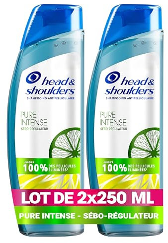 Head & Shoulders Pure Intense Sébo-Régulateur Shampooing Antipelliculaire 2x250 ml, Au Citron, Pour Cuir Chevelu Gras, Jusqu’à 100 % des pellicules éliminées