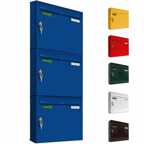 AL Briefkastensysteme Basic 3er Briefkasten RAL 5010 Enzian Blau 3 Fächer DIN A4 wetterfest Briefkastenanlage mit Posthaltebügel und 2 Namensschildern