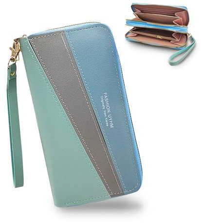 FuninCrea Portafoglio Donna Grande Portamonete Donna Tasche a Doppia Cerniera Borsellino Donne Lungo Porta Carte Donne in Pelle con Cinturino da Polso Staccabile e Slot per Schede Multiple